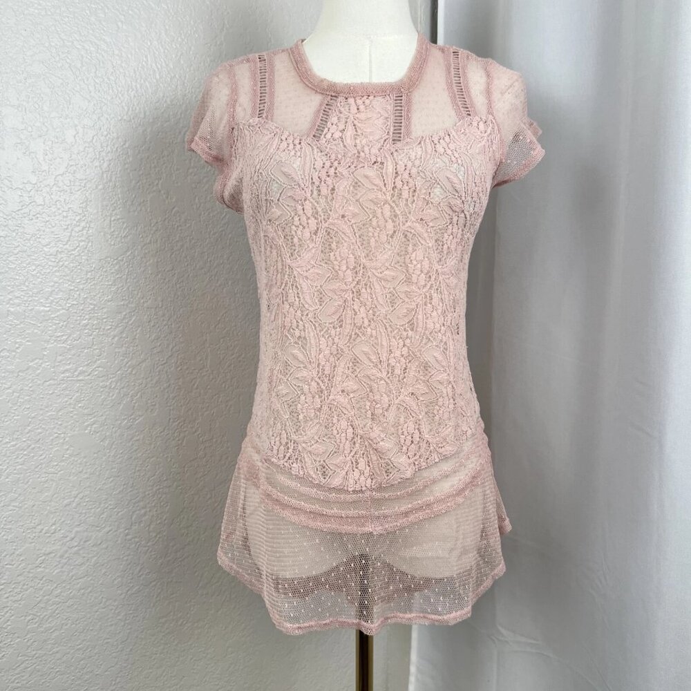 Y2K Maurices Top Womens Medium Pink Sheer Lace Mesh Fairy Coquette Romantic